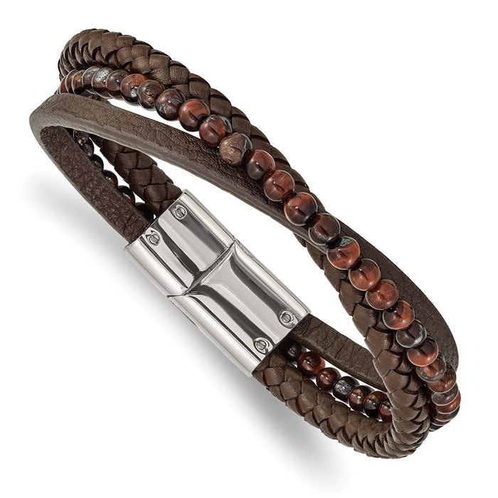 Chisel Brand Jewelry, Stainless Steel Polished with Tiger's Eye Brown Leather 8.25in Bracelet