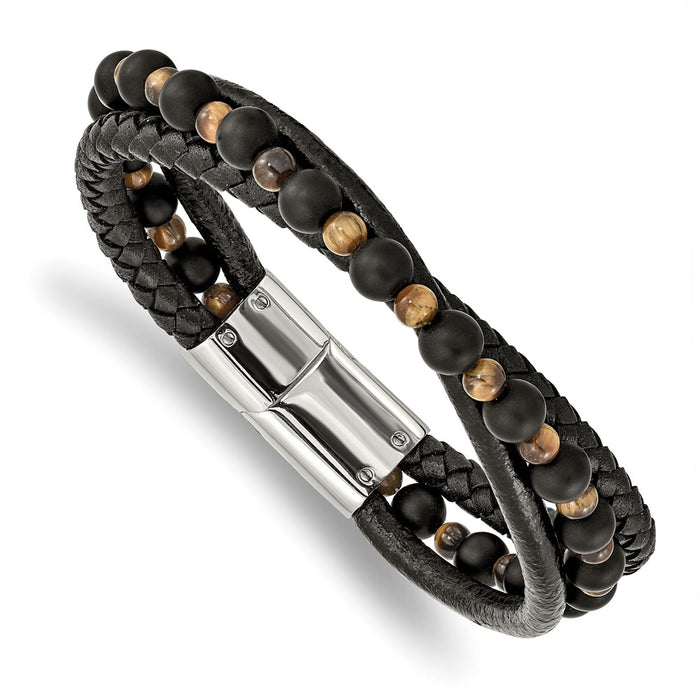 Chisel Brand Jewelry, Stainless Steel Polished with Tiger's Eye/Black Agate Leather 8.25in Bracelet