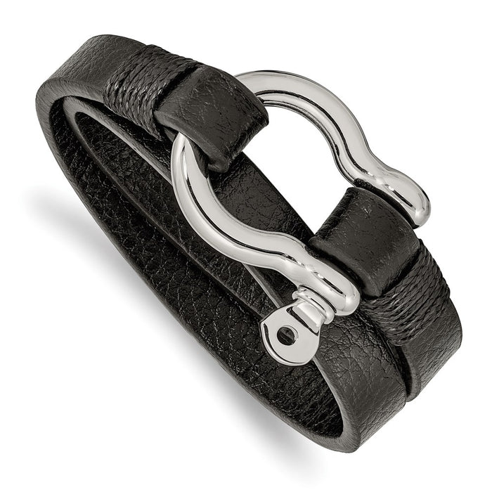 Chisel Brand Jewelry, Stainless Steel Polished Textured Black Leather 16in Wrap Shackle Bracelet