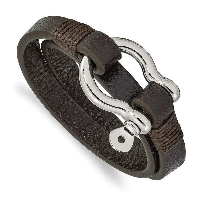 Chisel Brand Jewelry, Stainless Steel Polished Brown Leather 16in Wrap Shackle Bracelet