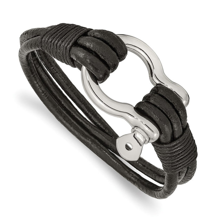 Chisel Brand Jewelry, Stainless Steel Polished Black Leather Multi Strand 8.5in Shackle Bracelet