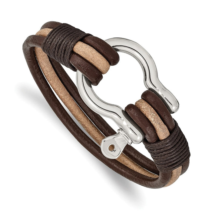 Chisel Brand Jewelry, Stainless Steel Polished DarkBrown/Tan Leather MultiStrand Shackle Bracelet