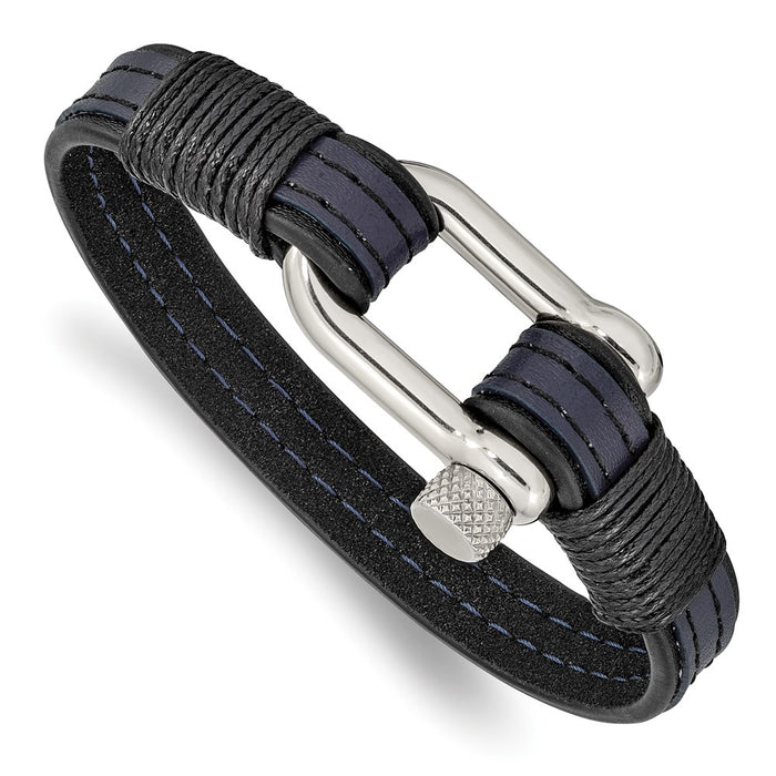 Chisel Brand Jewelry, Stainless Steel Polished Black & Blue Leather 8.25in Shackle Bracelet