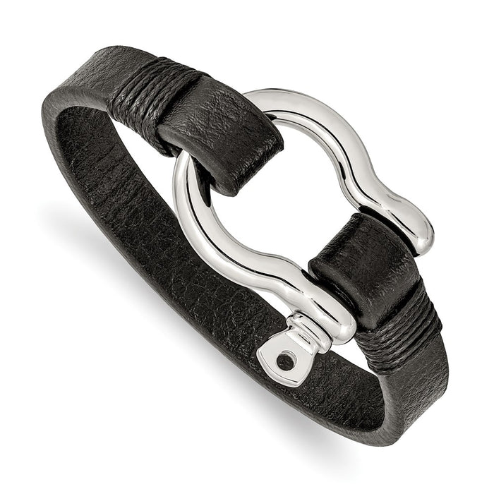 Chisel Brand Jewelry, Stainless Steel Polished Black Leather 8.25in Shackle Bracelet