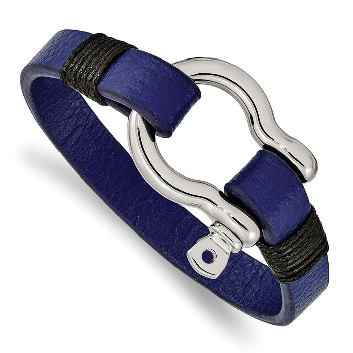 Chisel Brand Jewelry, Stainless Steel Polished Black and Blue Leather 8.25in Shackle Bracelet