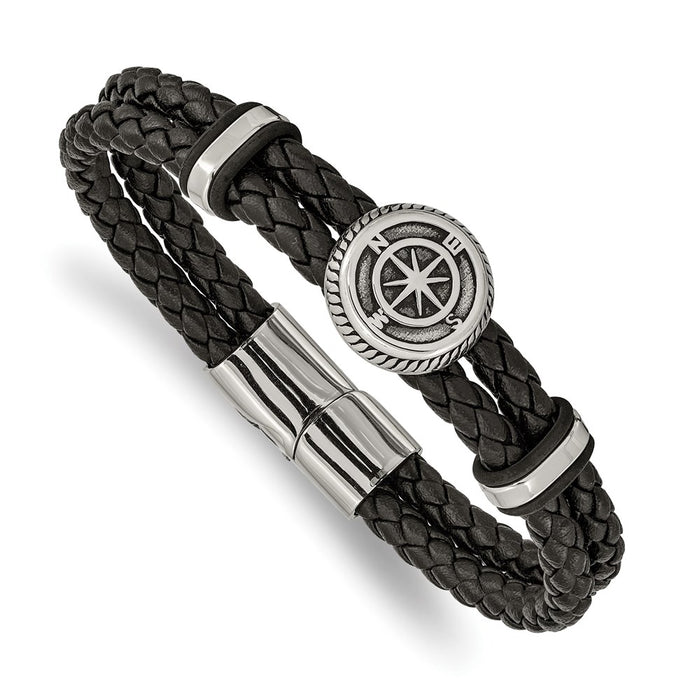 Chisel Brand Jewelry, Stainless Steel Antiqued & Polished Black Leather Compass 8in Bracelet