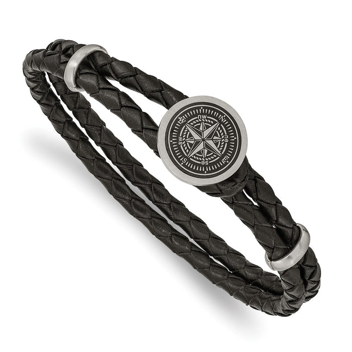 Chisel Brand Jewelry, Stainless Steel Brushed Lasered Compass Black Leather 8.5in Bracelet