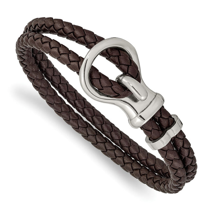 Chisel Brand Jewelry, Stainless Steel Polished Braided Brown Leather 8in Bracelet