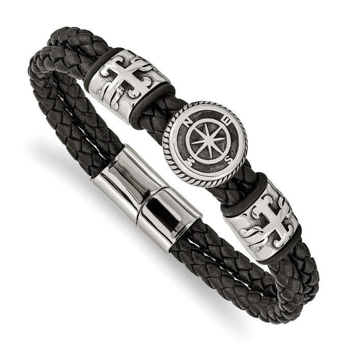 Chisel Brand Jewelry, Stainless Steel Antiqued & Polished Black Leather with Rubber 8.25in Bracelet