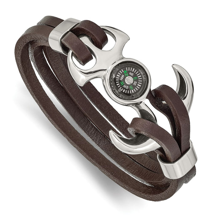 Chisel Brand Jewelry, Stainless Steel Polished Functional Compass Brown Leather 8.5in Bracelet