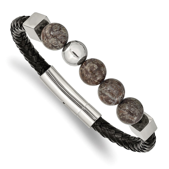 Chisel Brand Jewelry, Stainless Steel Polished with Labradorite Black Leather 8.5in Bracelet