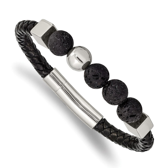 Chisel Brand Jewelry, Stainless Steel Polished with Lava Stone Black Leather 8in Bracelet