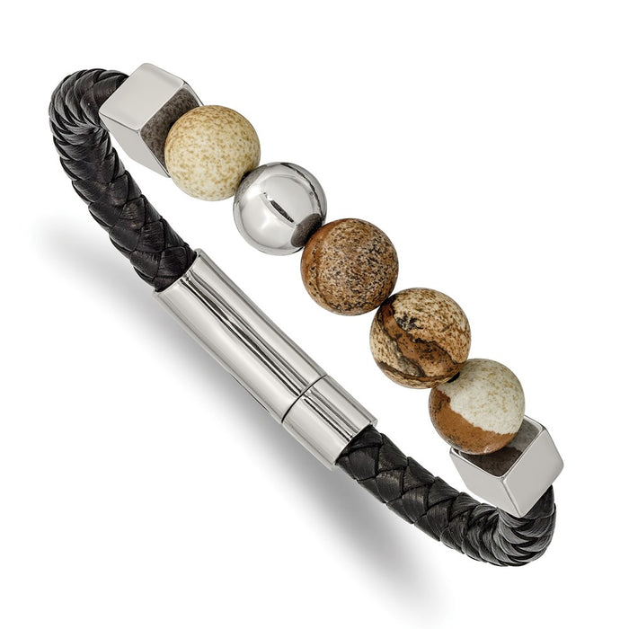 Chisel Brand Jewelry, Stainless Steel Polished with Brown Jasper Black Leather 8in Bracelet