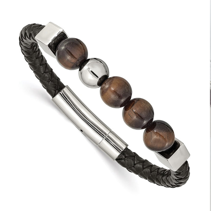 Chisel Brand Jewelry, Stainless Steel Polished with Tiger's Eye Beads Black Leather 8in Bracelet