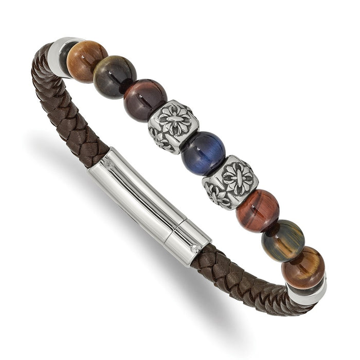 Chisel Brand Jewelry, Stainless Steel Antiqued & Polished MultiColor Tiger's Eye Leather Bracelet