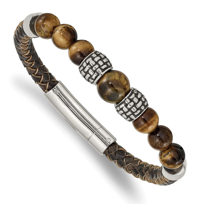 Chisel Brand Jewelry, Stainless Steel Antiqued and Polished Tiger's Eye Leather 8.5in Bracelet