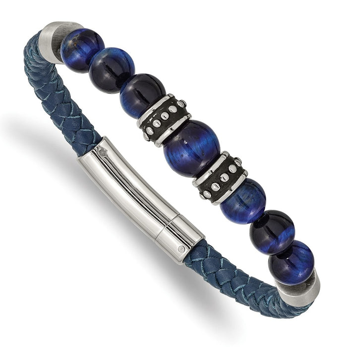 Chisel Brand Jewelry, Stainless Steel Antiqued and Polished Blue Tiger's Eye Leather Bracelet