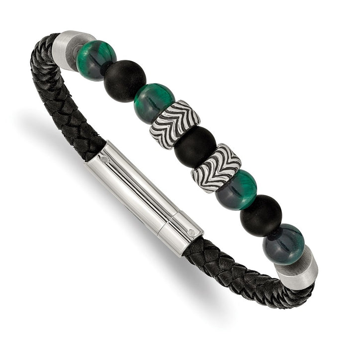 Chisel Brand Jewelry, Stainless Steel Antiqued & Polished Black Agate/Green Tiger's Eye Leather B