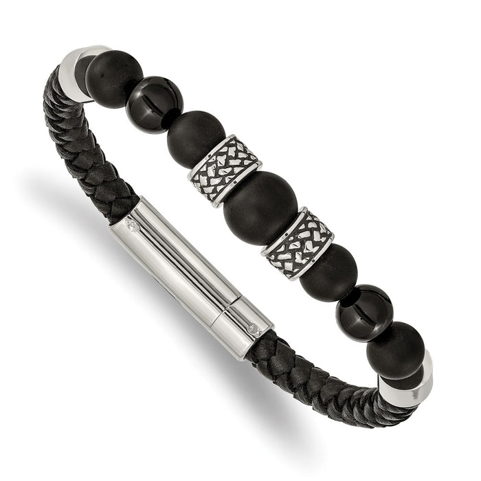 Chisel Brand Jewelry, Stainless Steel Antiqued and Polished Black Agate Leather 8.25in Bracelet