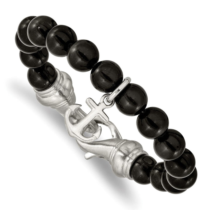 Chisel Brand Jewelry, Stainless Steel Nautical Brushed Black Agate Beads 8in Anchor Bracelet