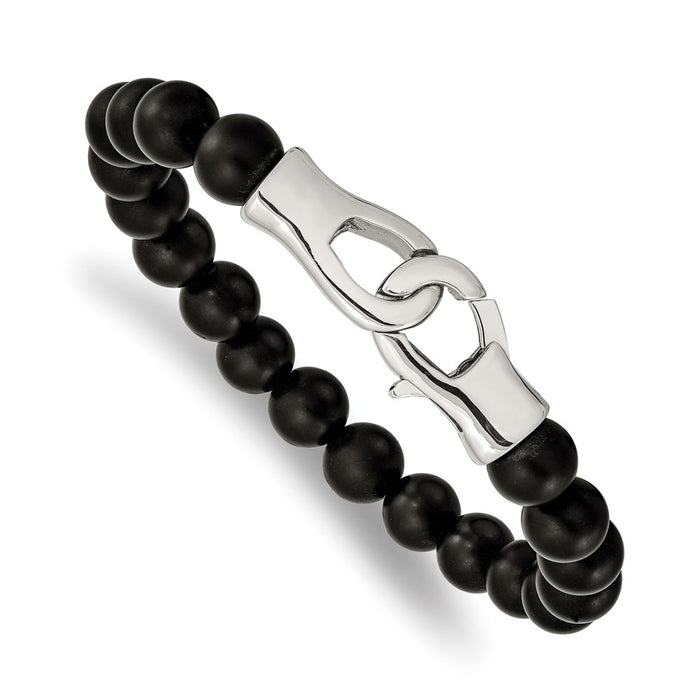 Chisel Brand Jewelry, Stainless Steel Polished Black Agate Beads 9in Bracelet