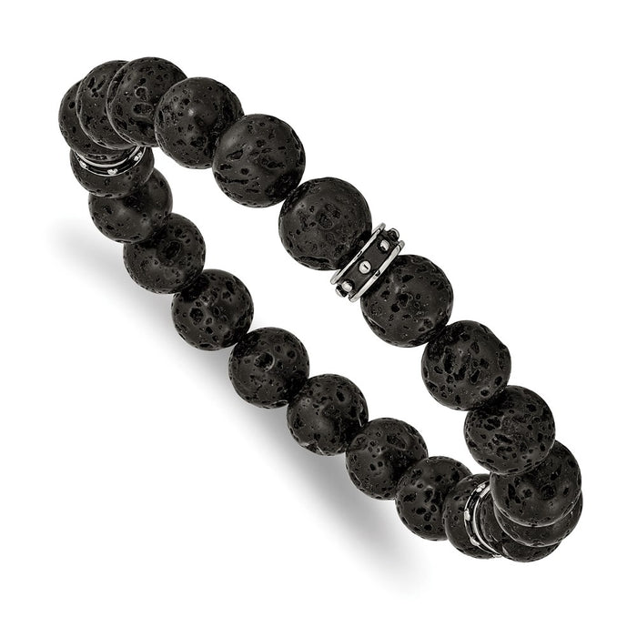 Chisel Brand Jewelry, Stainless Steel Polished Black Enamel Lave Stone Beads Stretch Bracelet