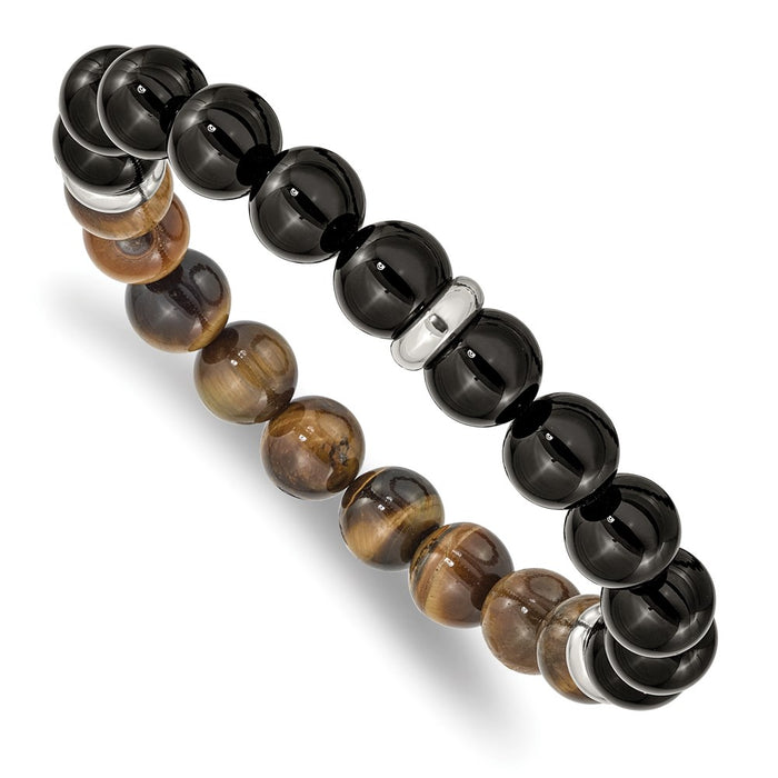 Chisel Brand Jewelry, Stainless Steel Polished Black Agate and Tiger's Eye Stretch Bracelet