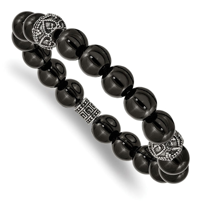 Chisel Brand Jewelry, Stainless Steel Antiqued and Polished Black Agate Beaded Stretch Bracelet