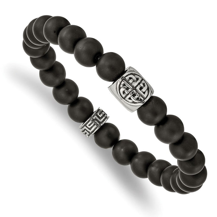 Chisel Brand Jewelry, Stainless Steel Antiqued and Polished Black Agate Stretch Bracelet