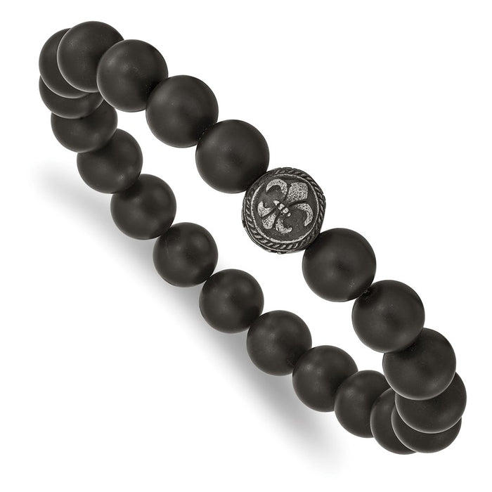 Chisel Brand Jewelry, Stainless Steel Antiqued Black Agate Fleur de Lis Stretch Bracelet