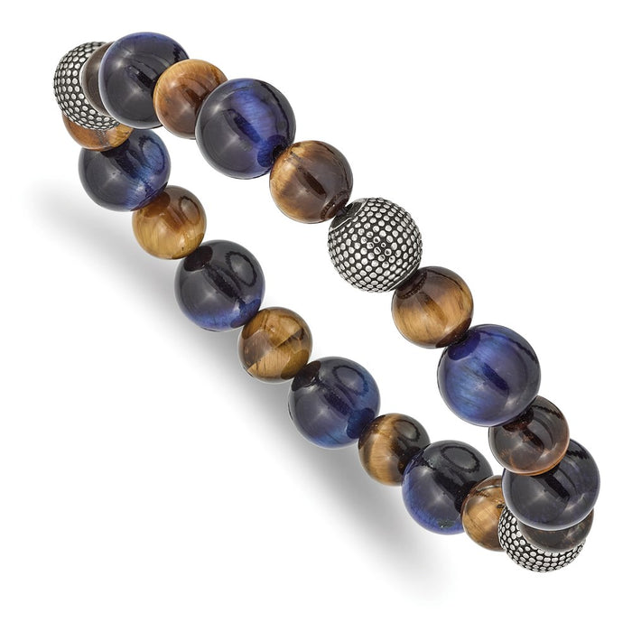 Chisel Brand Jewelry, Stainless Steel Antiqued & Polished Brown/Blue Tiger's Eye Stretch Bracelet