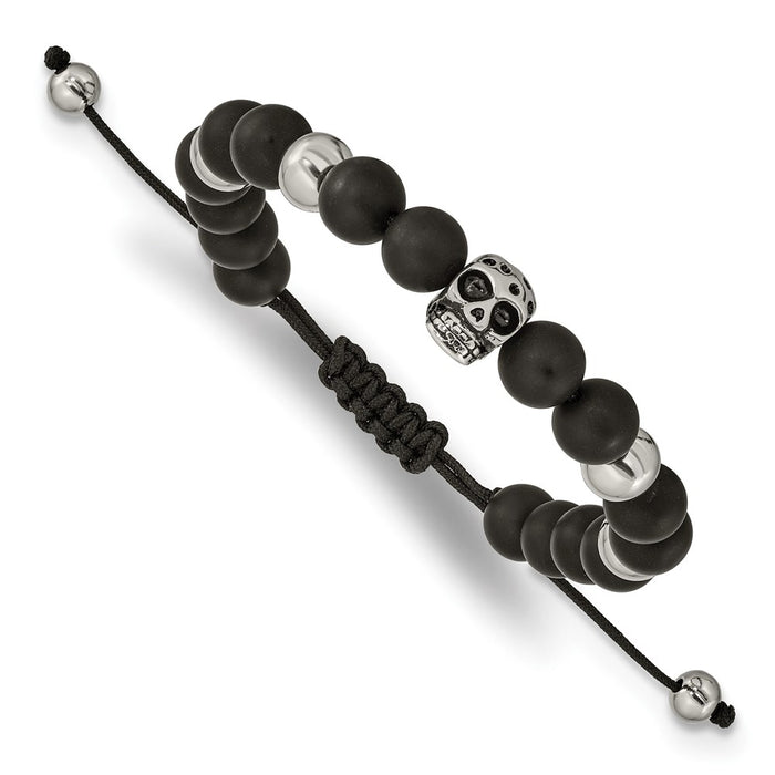 Chisel Brand Jewelry, Stainless Steel Polished Black Onyx Beaded Skull Adj. Bracelet