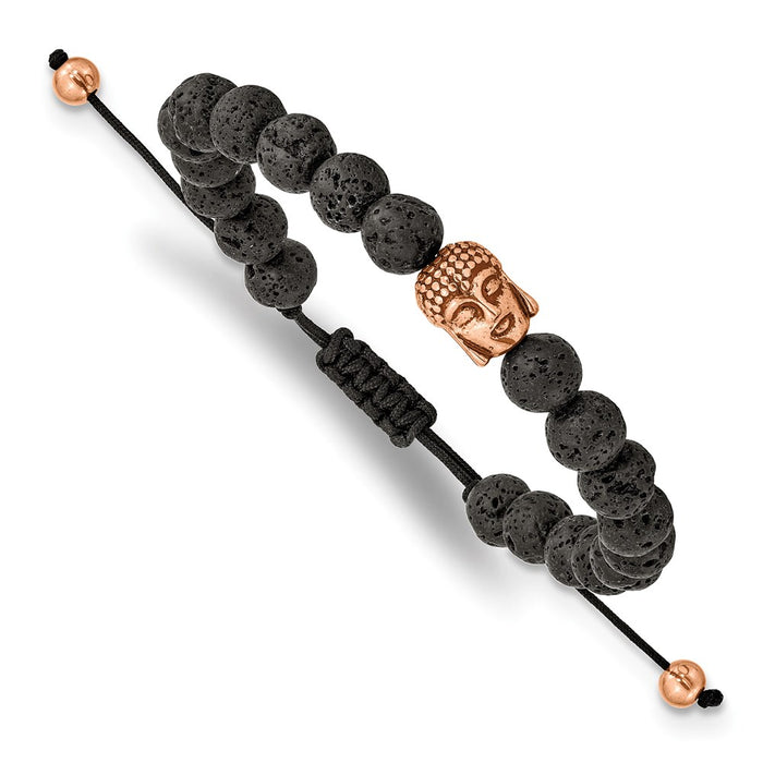 Chisel Brand Jewelry, Stainless Steel Polished Rose IP Lava Stone Buddha Adjustable Bracelet
