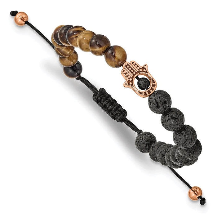 Chisel Brand Jewelry, Stainless Steel Polished Rose IP Lava Stone and Tiger's Eye Adj. Bracelet