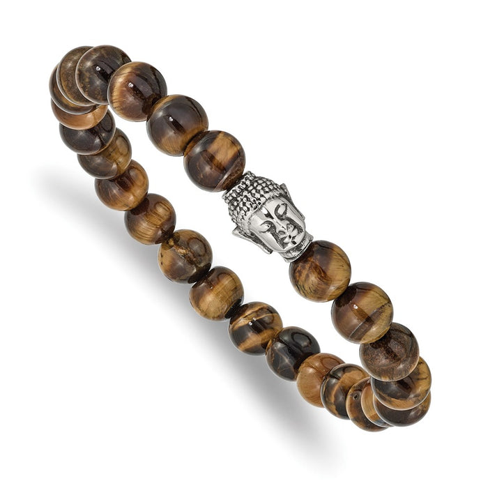 Chisel Brand Jewelry, Stainless Steel Antiqued & Polished Tiger's Eye Buddha Stretch Bracelet