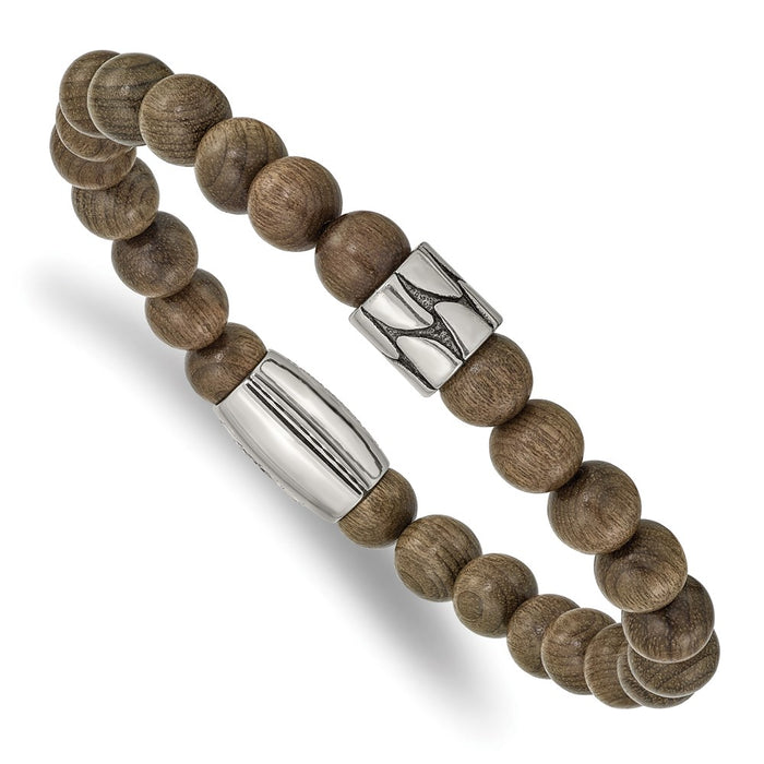 Chisel Brand Jewelry, Stainless Steel Antiqued & Polished Dark Brown Phoebe Wood Stretch Bracelet