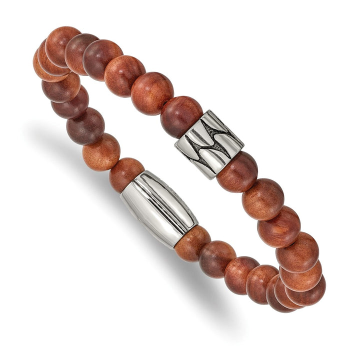 Chisel Brand Jewelry, Stainless Steel Antiqued & Polished Indonesian Red Wood Stretch Bracelet