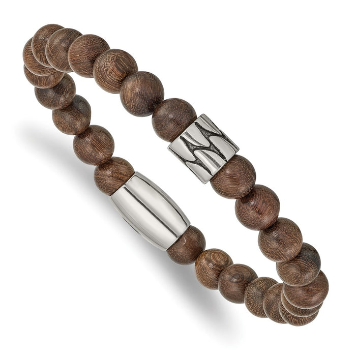Chisel Brand Jewelry, Stainless Steel Antiqued & Polished Brown Phoebe Wood Stretch Bracelet