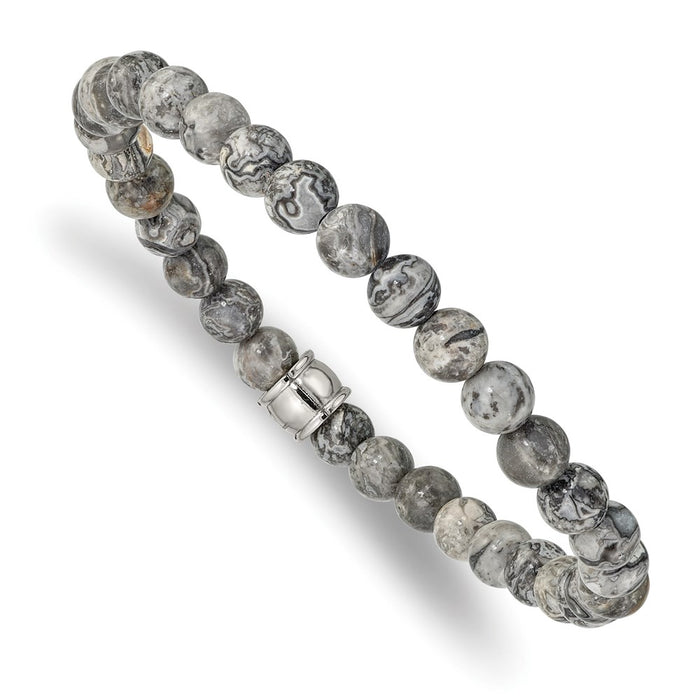 Chisel Brand Jewelry, Stainless Steel Polished Grey Jasper Stretch Bracelet