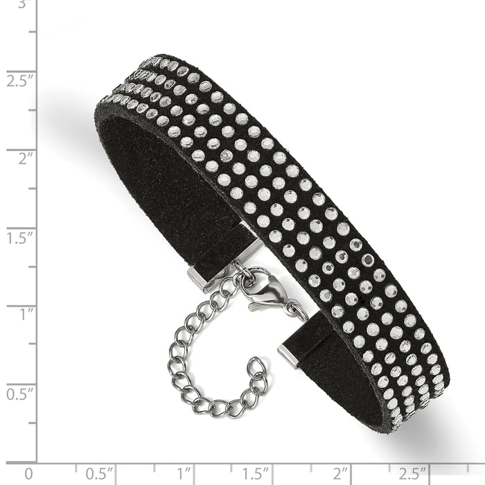 Chisel Brand Jewelry, Stainless Steel with Black Leather and Crystal 7.25in with 1.75in ext. Bracele