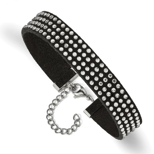Chisel Brand Jewelry, Stainless Steel with Black Leather and Crystal 7.25in with 1.75in ext. Bracele