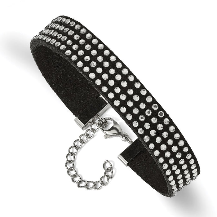 Chisel Brand Jewelry, Stainless Steel with Black Leather and Crystal 7.25in with 1.75in ext. Bracele