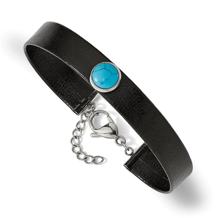 Chisel Brand Jewelry, Stainless Steel Polished Leather with Imit. Turquoise with 1.25in ext. Bracelet