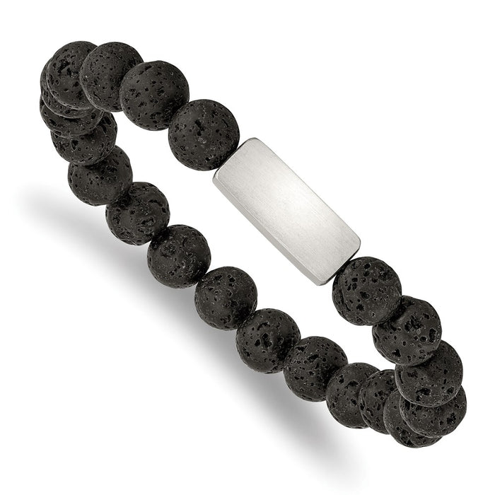 Chisel Brand Jewelry, Stainless Steel Brushed ID Plate Black Lava Rock Bead Stretch Bracelet