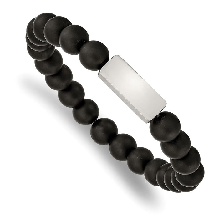 Chisel Brand Jewelry, Stainless Steel Brushed ID Plate Black Agate Bead Stretch Bracelet