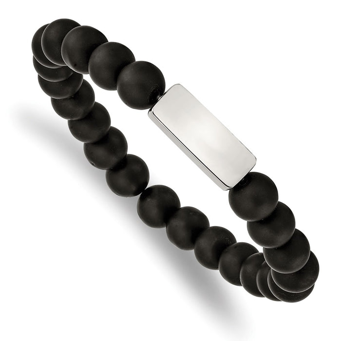 Chisel Brand Jewelry, Stainless Steel Polished ID Plate Black Agate Bead Stretch Bracelet