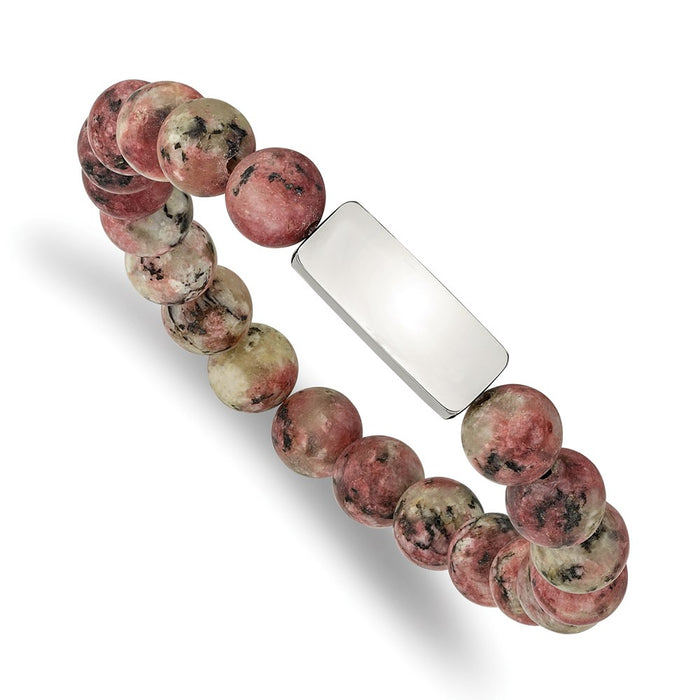 Chisel Brand Jewelry, Stainless Steel Polished ID Plate Rhodochrosite Bead Stretch Bracelet