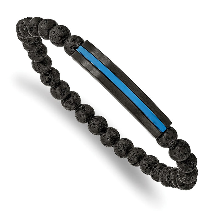 Chisel Brand Jewelry, Stainless Steel Brushed & Polished Black/Blue IP with Lava Stone Stretch Brace