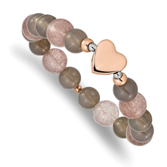 Chisel Brand Jewelry, Stainless Steel Polished Rose IP Heart Grey Agate/Strawberry Quartz Stretch