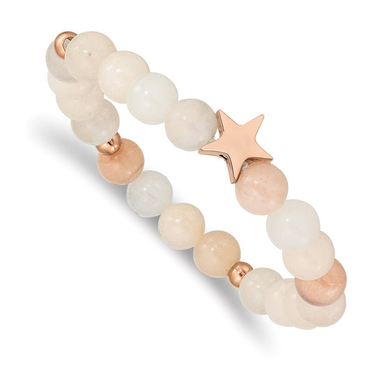 Chisel Brand Jewelry, Stainless Steel Polished Rose IP Star White/Pink Aventurine Stretch Bracele